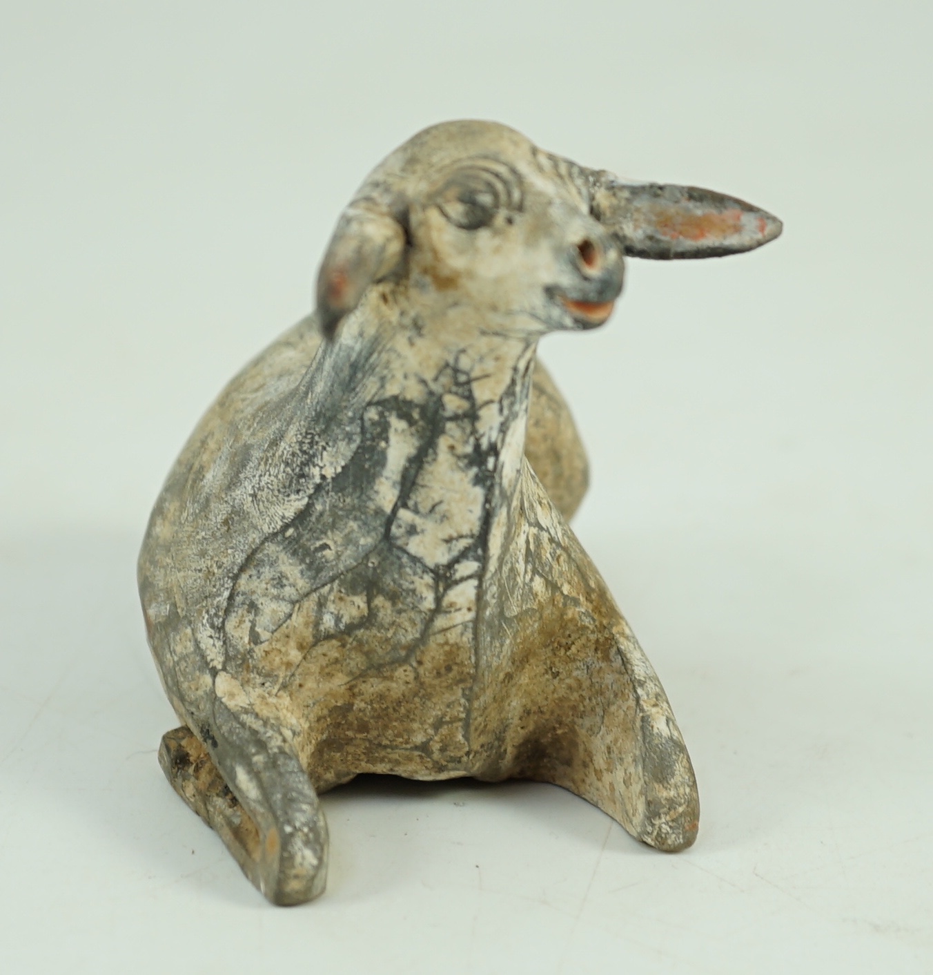 A Chinese painted grey pottery model of a recumbent sheep, Han dynasty, 10.2 cm long, One ear re-glued